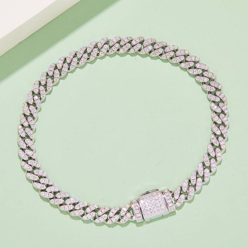 8mm宽Cuban ChainS925银镶Moissanite厘石圆形白色DVVS